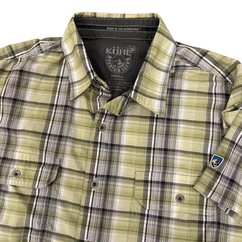 KUHL Eluxur Button Down Mens Small Green Plaid Short Sleeve‎ Hiking Shirt